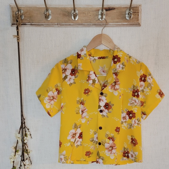 High-neck Flower Retro Crumply Blouse main image 0